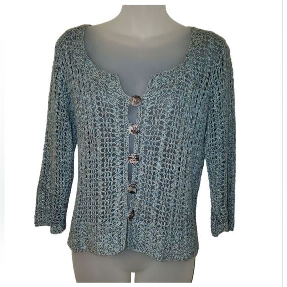 J.H. collectibles crochet 3/4 Sleeve Button Up Cardigan Sweater Sz L - Picture 2 of 5